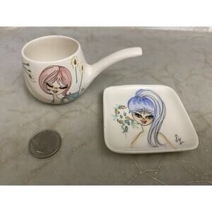 Miniature Midcentury Trinket Dishes Mod 60's Swinging Girl Handpainted Portraits